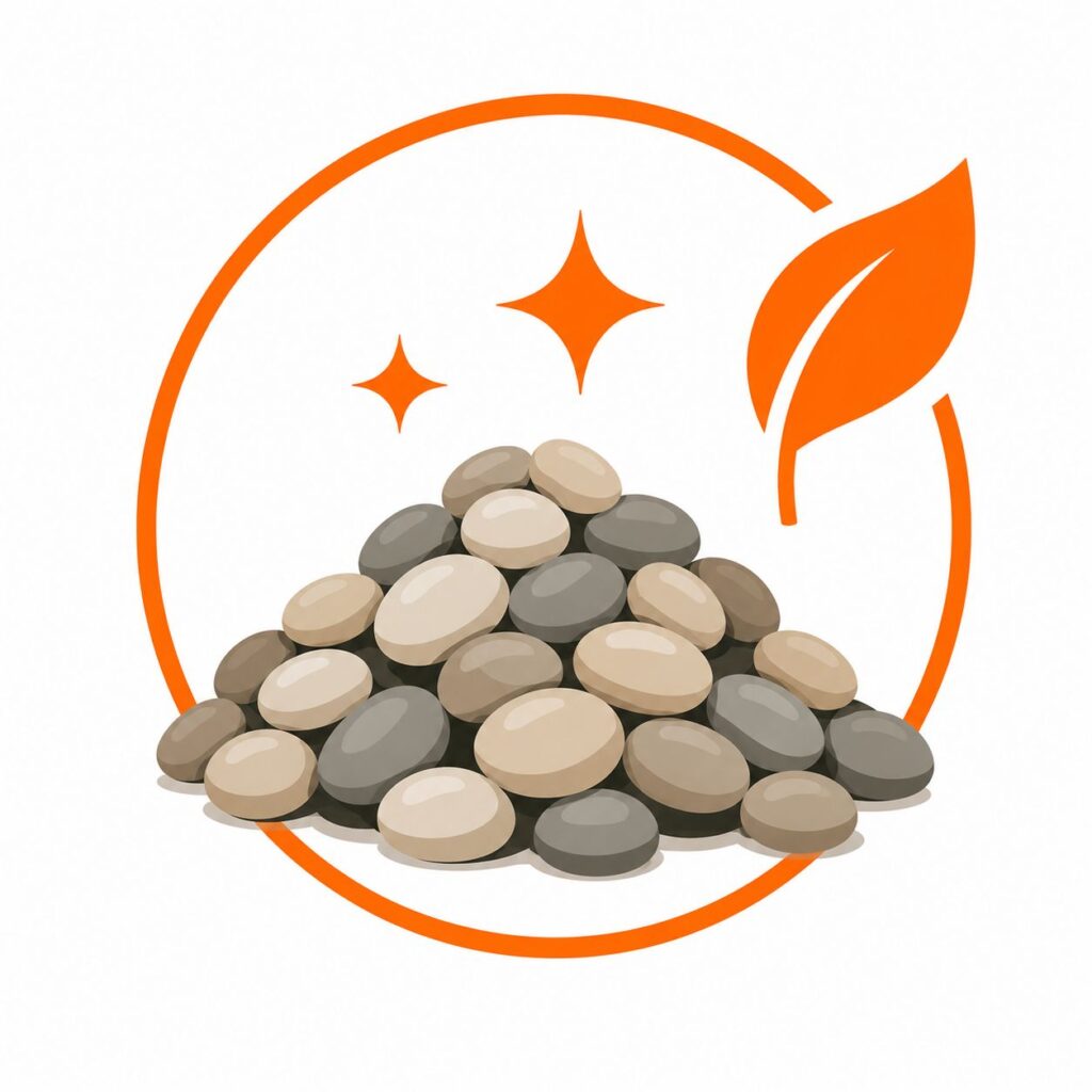 Premium screened pea gravel icon representing clean decorative landscaping stone
